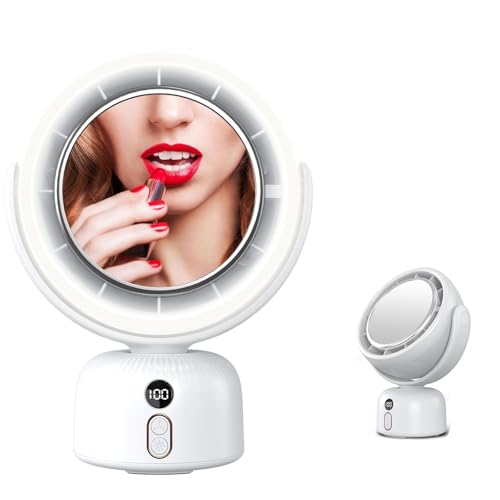 Rechargeable table Fan, Portable Fan with LED Makeup Mirror LED Vanity Mirror 5-Speed Quiet Cooling |Dimming led vanity mirror with light fan | USB-Powered Portable Fan For Home/Office/Outdoor (white) 1