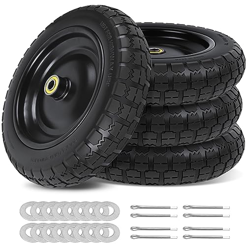 phepetroll 13 Inch Flat Free Wheels Tires 4.00-6 Solid Replacement with Universal 5/8" Axle Bore Hole, 16 Spacers and 8 Pins, for Wheelbarrow, Garden Wagon, Hand Truck, Trolley, Lawn Mower, 4 Pack 1