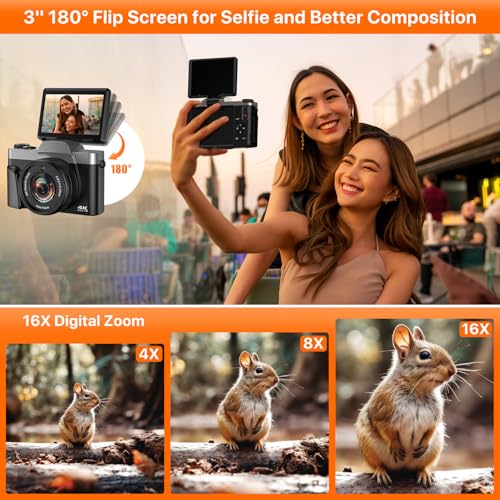 4K Digital Camera for Photography 64MP WiFi Vlogging Camera for YouTube Autofocus 3" 180° Flip Screen 16X Zoom Compact Travel Cameras with Anti-Shake, SD Card, 2 Batteries & Battery Charger 5