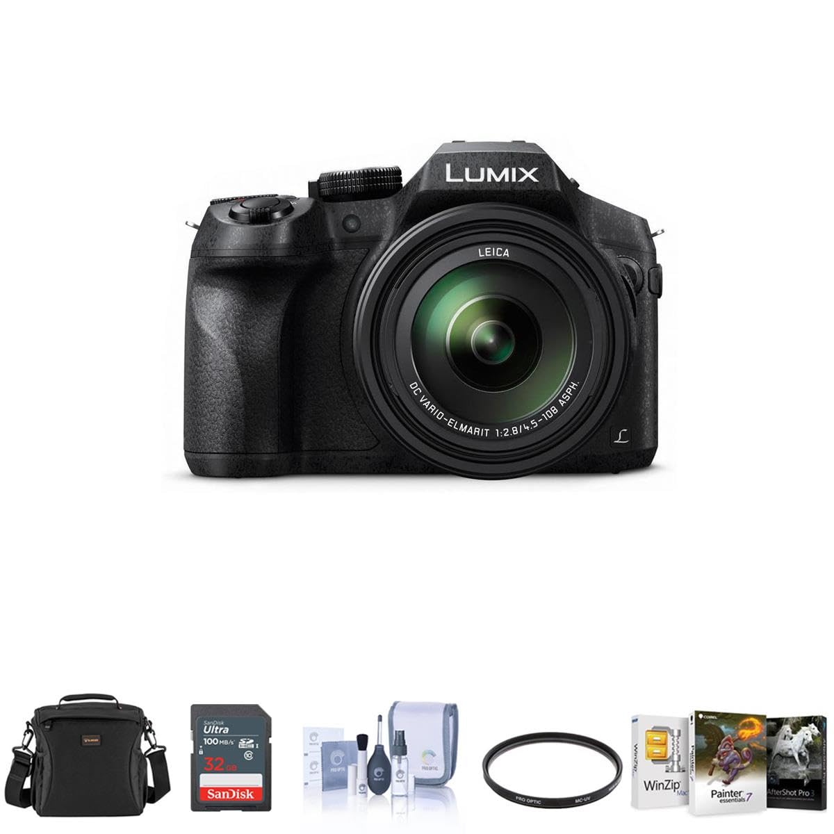 Panasonic Lumix DMC-FZ300 Digital Camera, 12.1 Megapixel, 1/2.3-inch Sensor, 4K Video, Splash/Dustproof Body, 24X Zoom Lens F2.8 Bundle with Bag, 32GB SD Card, Mac Software Pack, Filter, Cleaning Kit 1