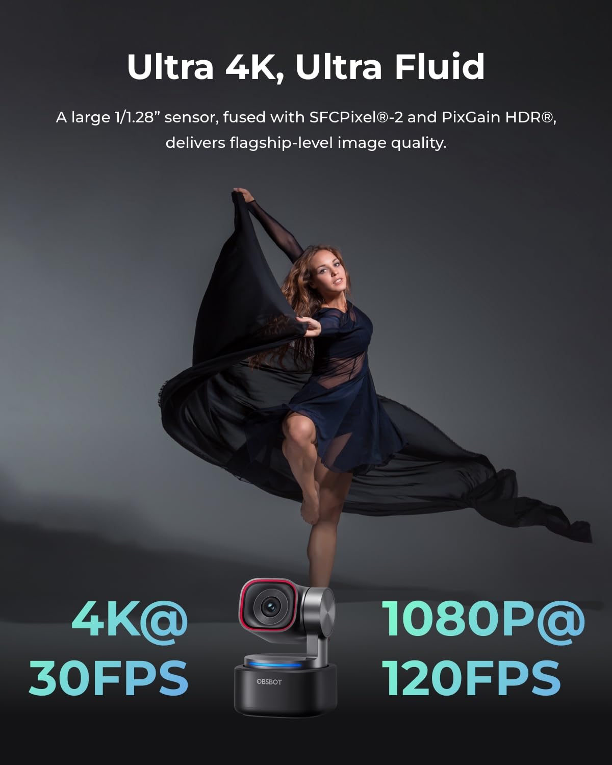 OBSBOT Tiny 3 AI-Powered Spatial Audio 4K Webcam, AI Tracking PTZ Camera with 1/1.28" Sensor, Tri-Mic, Voice & Gesture Control, 120FPS, HDR, Web Cam for PC, Laptop, Streaming, Meeting, Switch 2, etc. 3