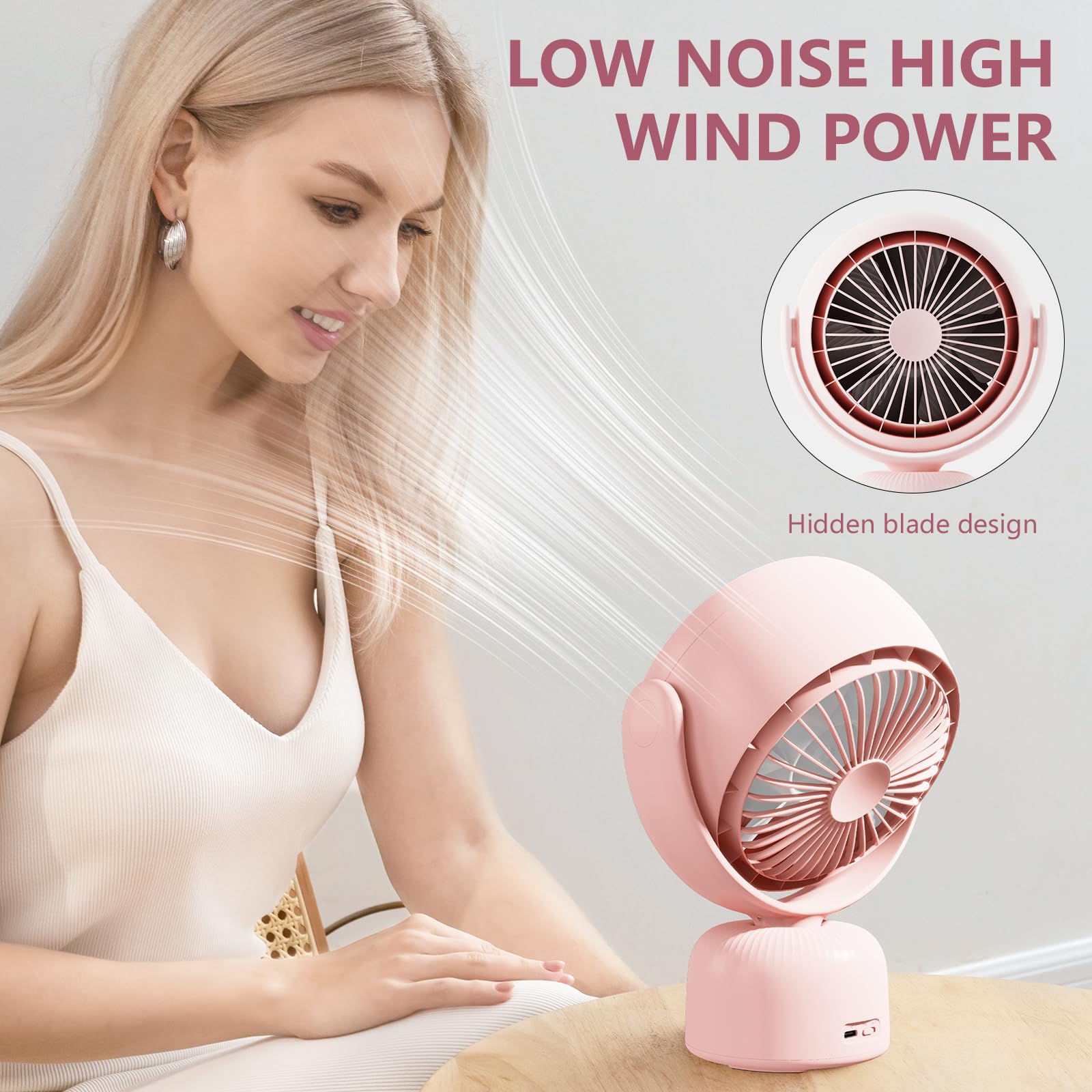 6000mah Table Fan with makeup mirror and led light 5-Speed Ultra-Quiet Cooling |Dimming led vanity mirror with light fan | USB-Powered Portable Fan For Home/Office/Outdoor (Pink) 5