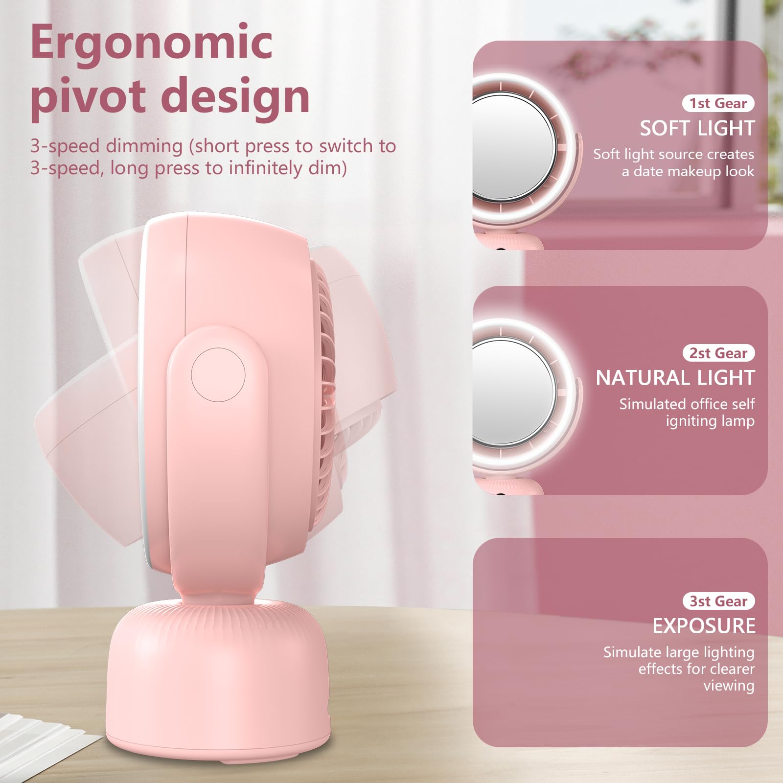 6000mah Table Fan with makeup mirror and led light 5-Speed Ultra-Quiet Cooling |Dimming led vanity mirror with light fan | USB-Powered Portable Fan For Home/Office/Outdoor (Pink) 4