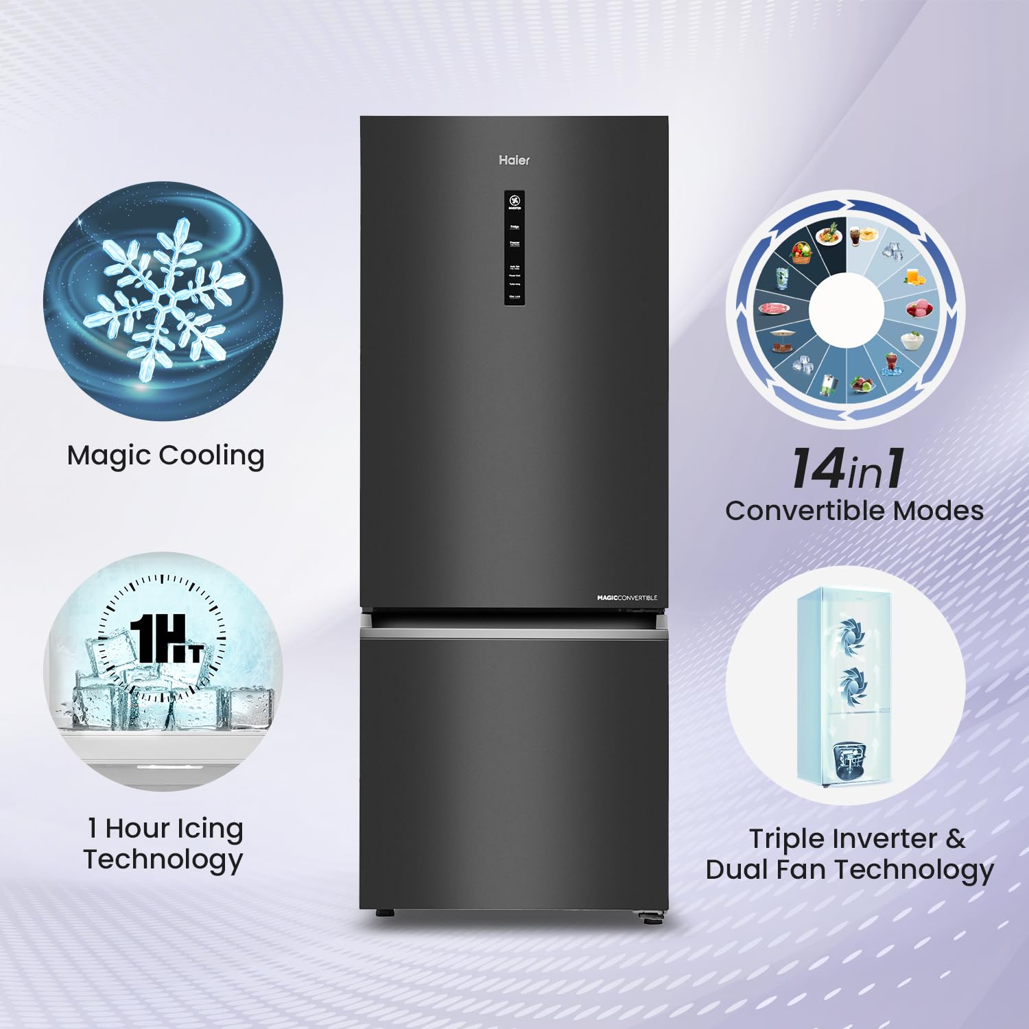 Haier 325 L 3 Star Frost Free Bottom Mount Double Door Refrigerator|Convertible 14-in-1|Jhukna Mat-Bottom Freezer|Digital Display Panel|Triple Inverter|Twist Ice Maker (HEB-333GB-P, Graphite Black) 3