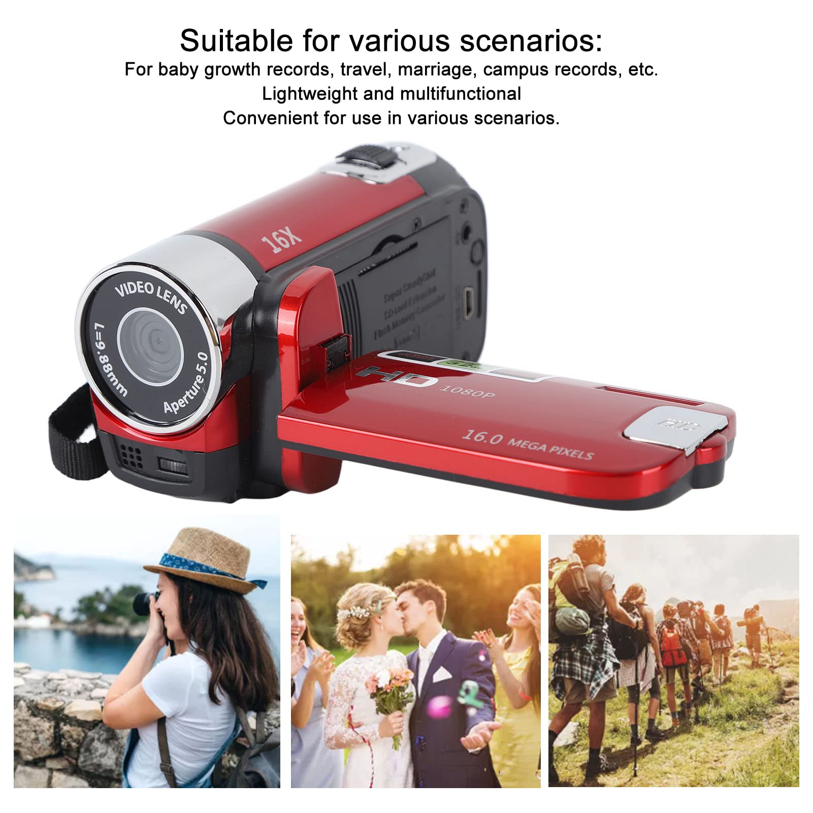 Pomya Digital Camera Recorder, 1080P 16X Digital Zoom Camcorder with 2.7 Inch Flip Screen, Vlogging Camera Recorder with USB Cable, Travel Video Recording Camera for Friends Family (Red) 4