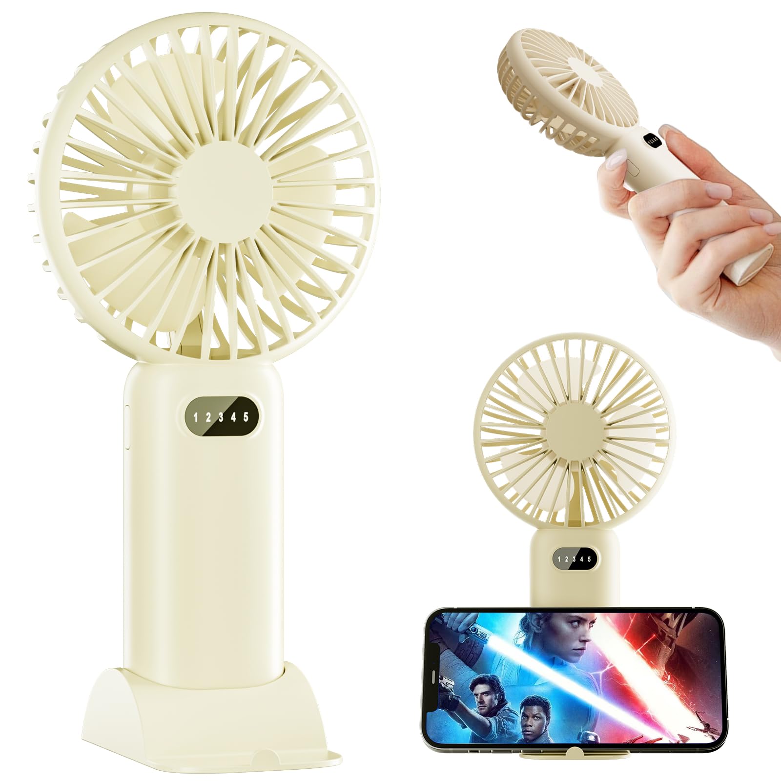 plilogo Portable Fan, Handheld Fan with LED Display, Personal Fan for 15 Hours Cooling, Small Fan with Powerful Airflow, Rechargeable Travel Fan for Outdoor Camping, Mini Fan with Phone Holder 1