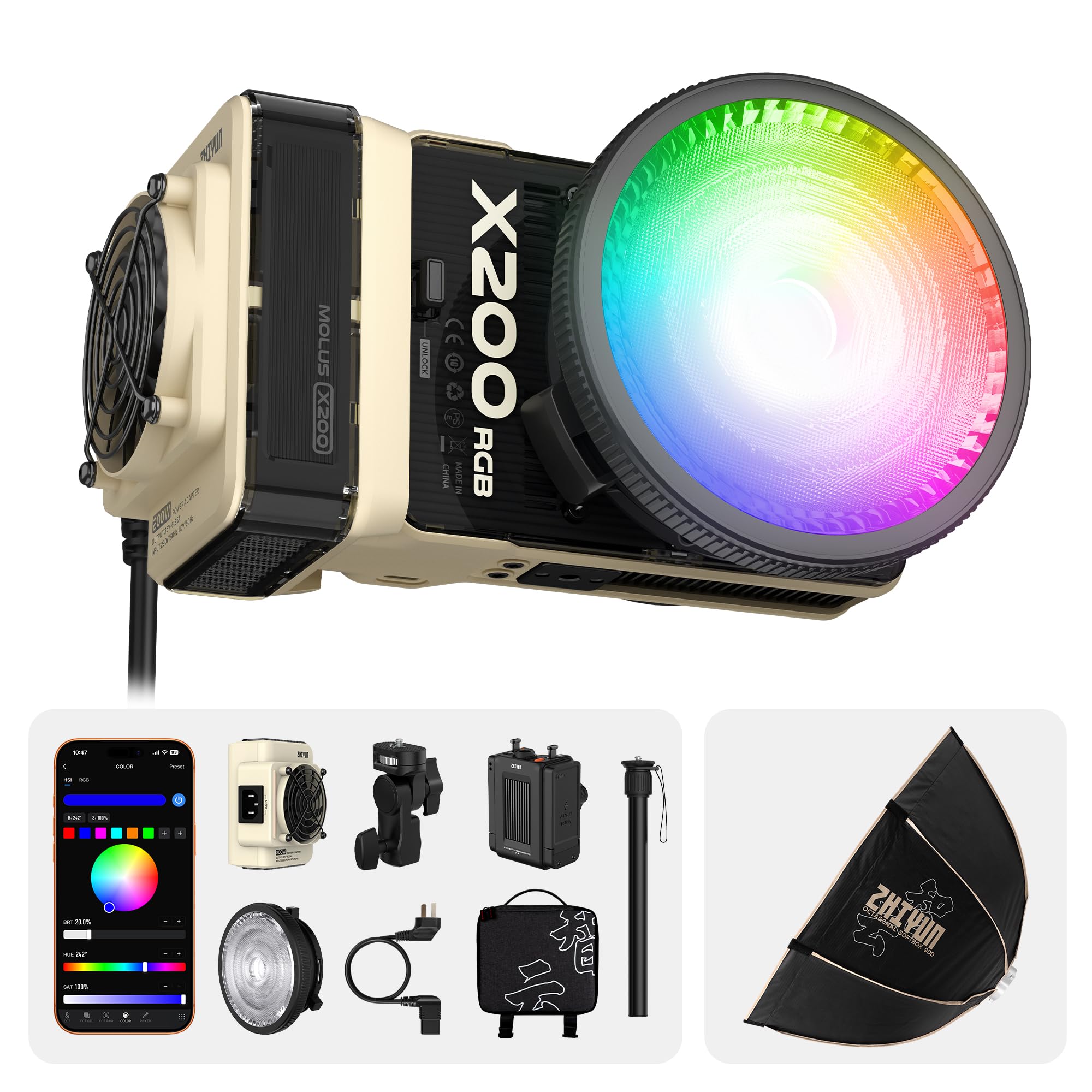 ZHIYUN MOLUS X200 RGB Combo 200W Video Light [Official] +35"/90cm Octagonal Softbox Quick Release Bowens Mount Softbox Handheld Professional Photography Lighting Portable Continuous Output Lighting 1