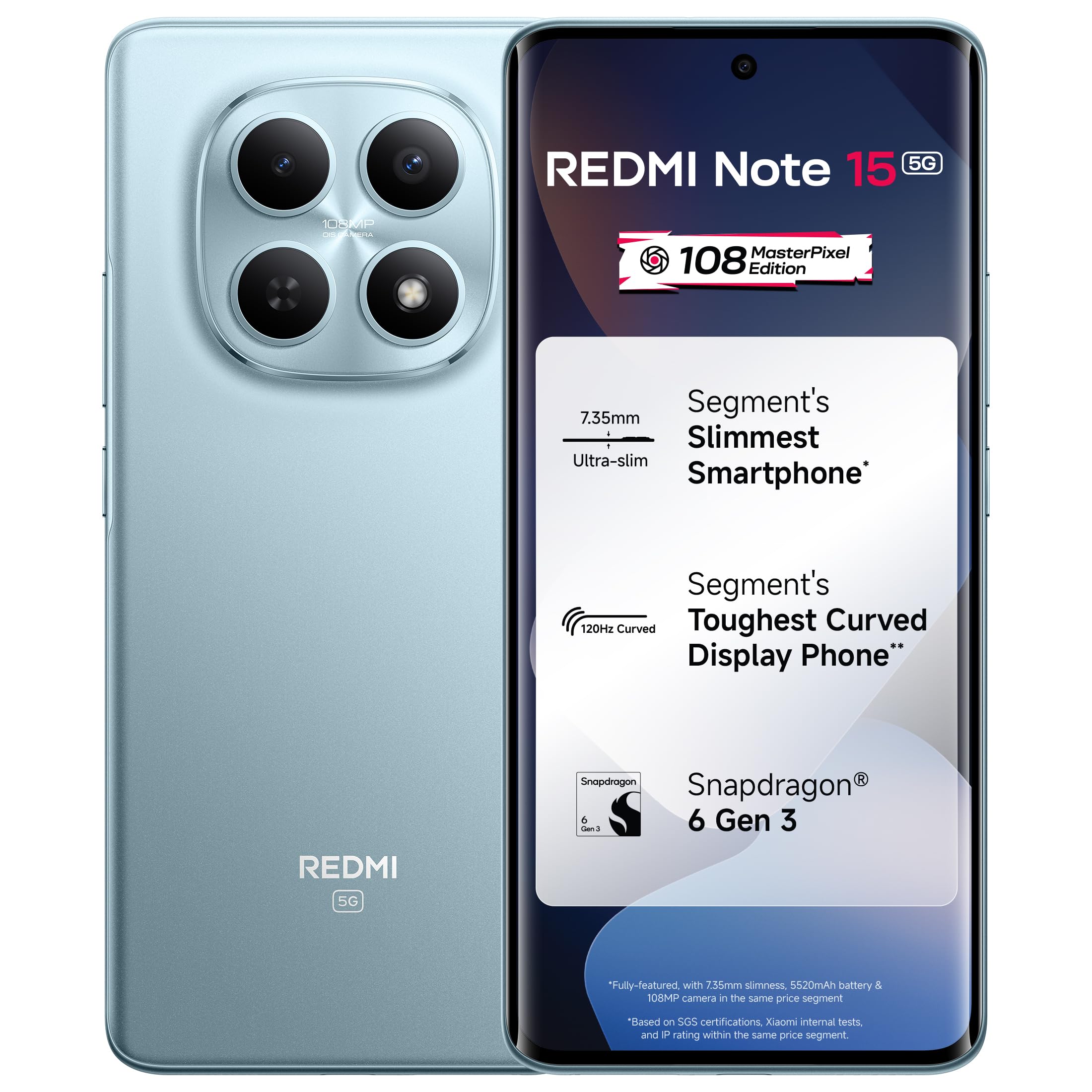 REDMI Note 15 5G (Glacier Blue, 8GB RAM 128GB Storage) | 108MP OIS Camera | Snapdragon 6 Gen 3 | 17.2cm Tough Curved AMOLED Screen | Segment’s Slimmest Phone | 5520mAh Si/C Battery | 45W Fast Charging 1