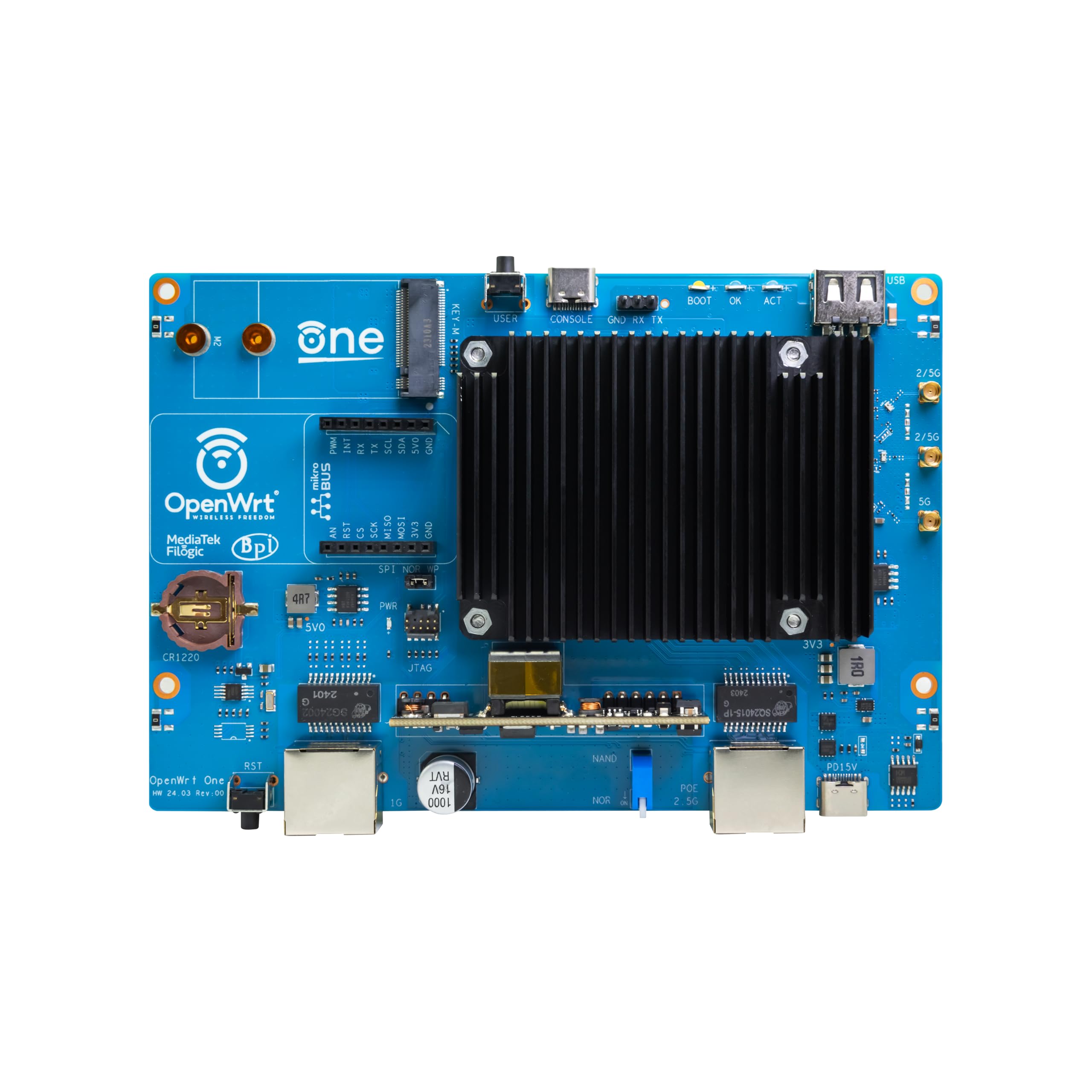 WayPonDEV Banana Pi WiFi 6 OpenWrt One Router Board, Wireless Dual Band Internet Router, MediaTek MT7981B SoC 1GB DDR4 RAM, Integrated 1x 2.5GbE WAN Gigabit LAN RJ45 Port, Support AP, WPA,WPA2,WPA3 4