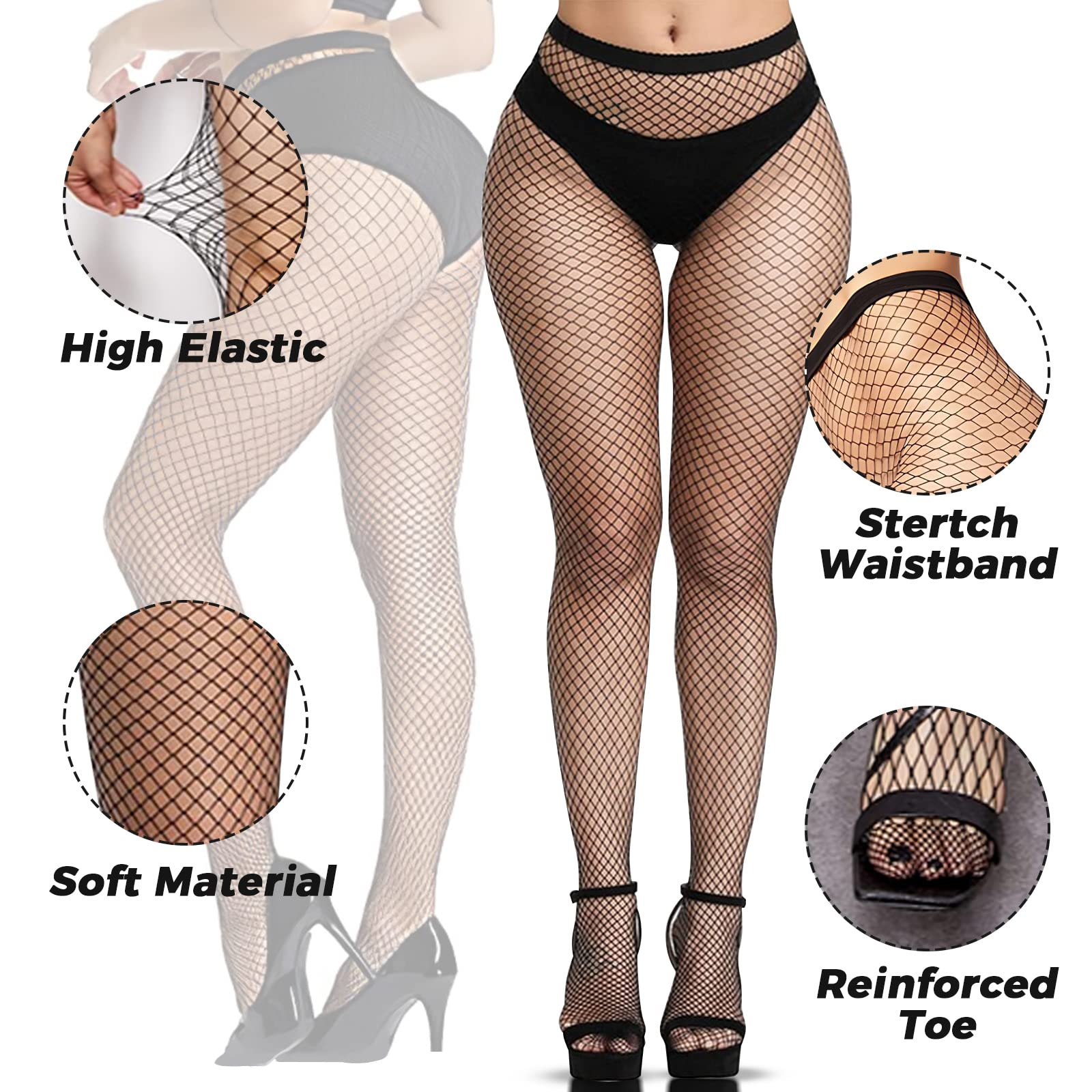 Buauty 3 pcs black fishnet stockings for women, fishnet tights plus size one size fit all 4