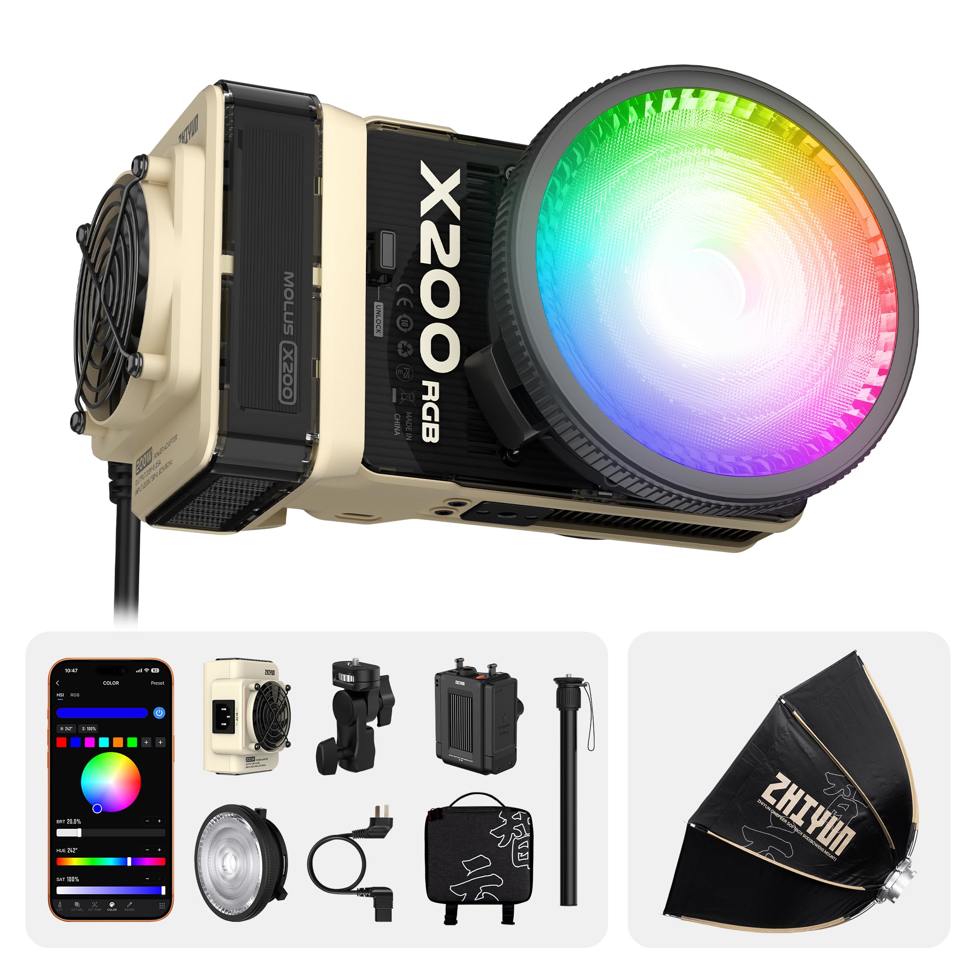 ZHIYUN MOLUS X200 RGB Combo 200W Video Light 35-inch/90cm/2.9ft Bowens Mount Octagonal Softbox [Official] Handheld Professional Photography Lighting Portable Continuous Output Lighting 1