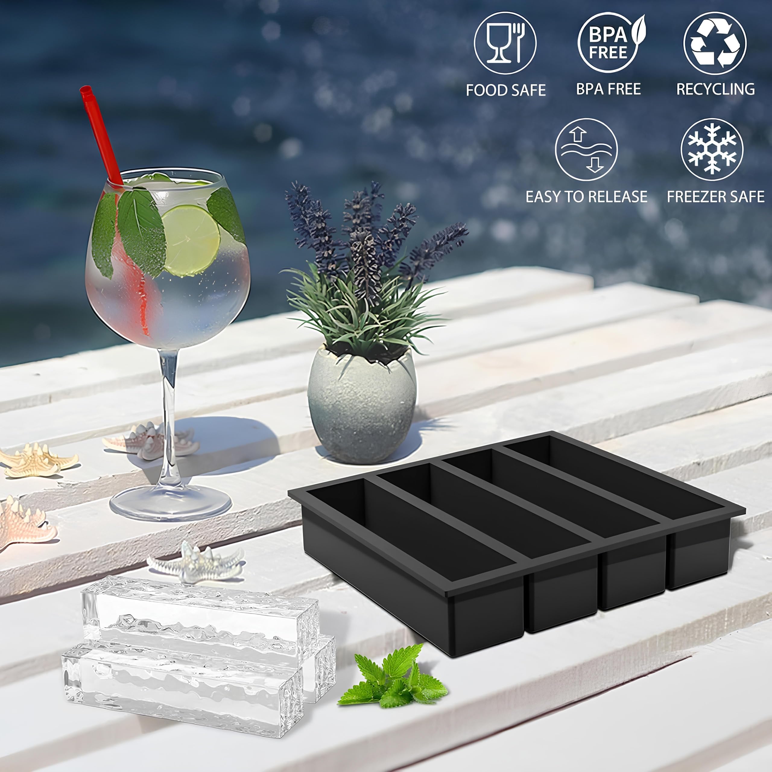 Kepzell BPA Free 4 Big Ice bar Tray Mold Giant Jumbo Large Food Grade Silicone Ice Cube Rectangle Tray Mold DIY Ice Maker Ice Cube Tray (2) 5